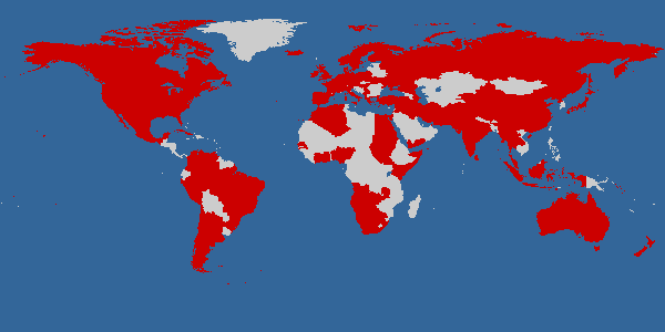 Literarische Weltreise; rot markiert sind die Länder, die ich dafür gelesen habe.