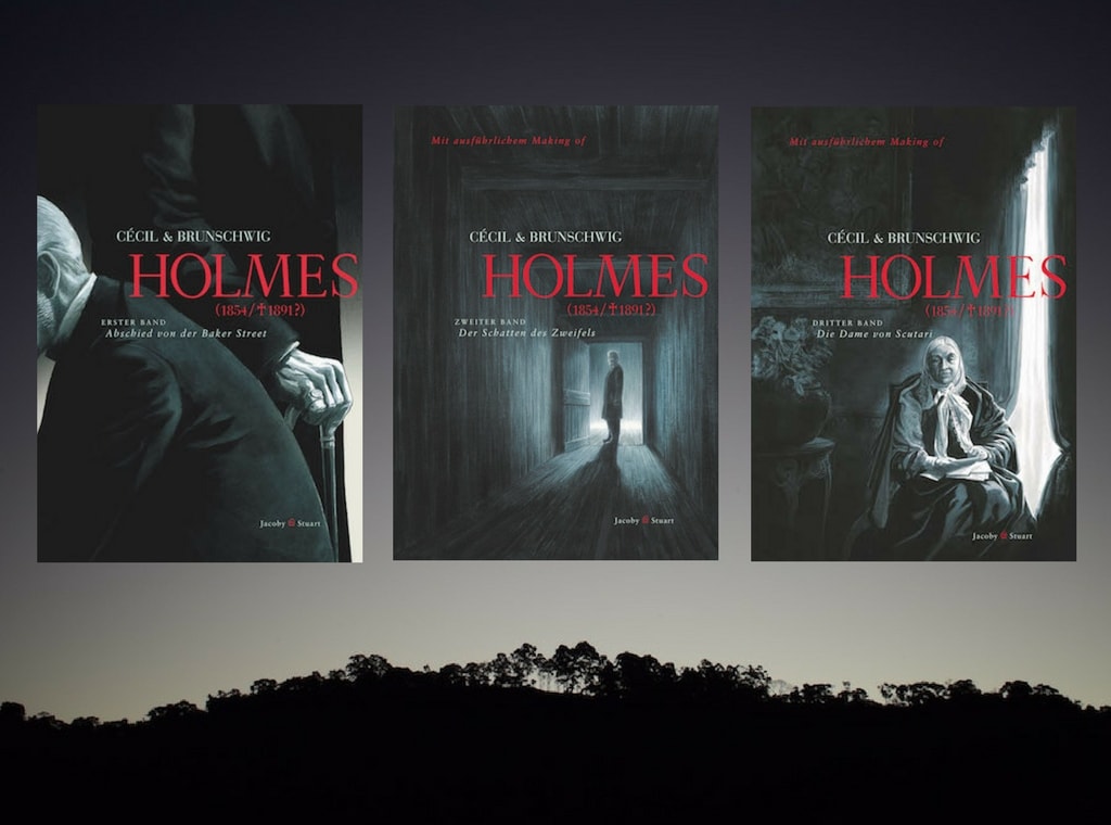 Header für den Beitrag über die Graphic Novel "Holmes" von C´cil & Brunschwig; Hintergrundfoto: Rodrigo M. Torres/unsplash; Cover: Jacoby & Stuart